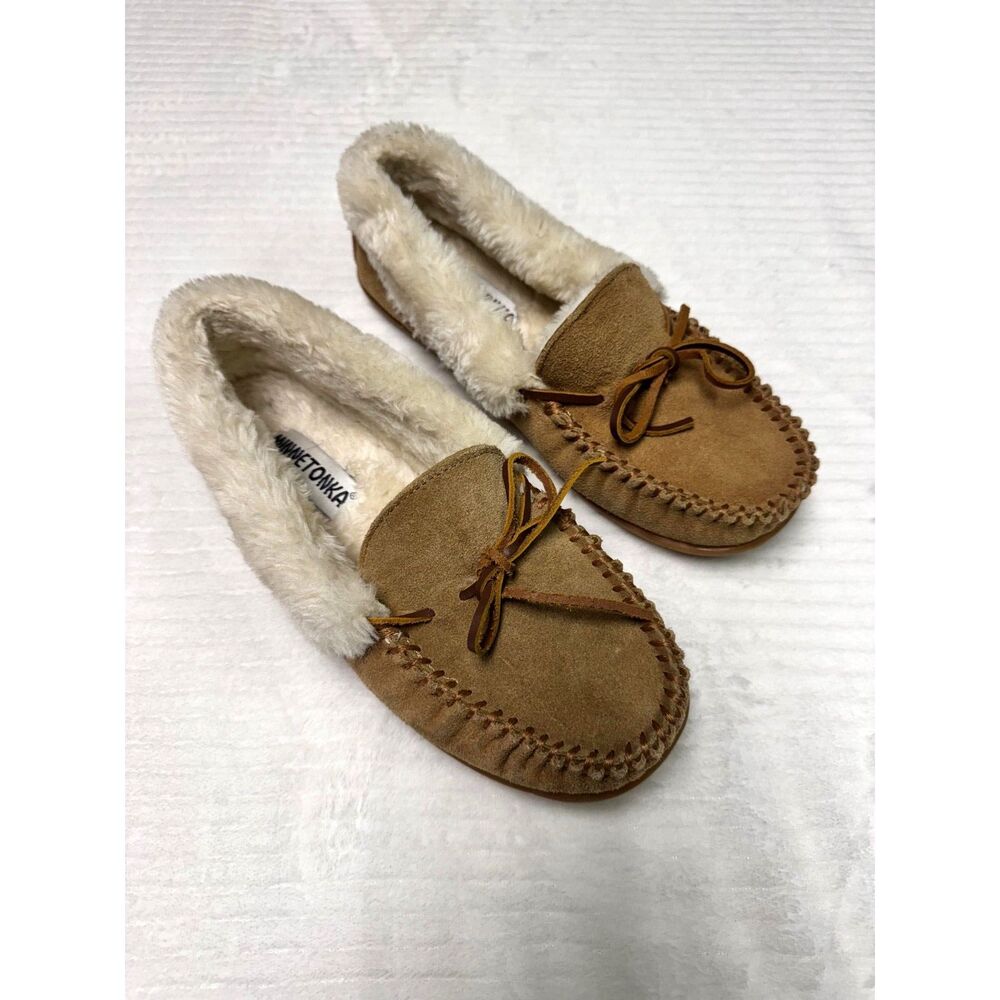 MINNETONKA Genuine Suede Leather Moccasin Slippers, Faux Fur Lining, Sz 8M